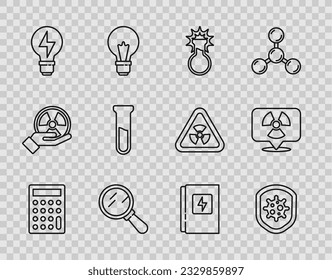Set line Calculator, Shield protecting from virus, Test tube and flask, Magnifying glass, Light bulb with lightning, Electrical panel and Radioactive location icon. Vector