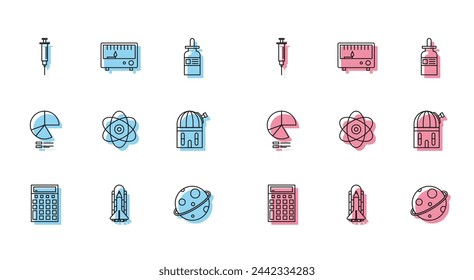 Set line Calculator, Space shuttle and rockets, Syringe, Planet, Atom, Astronomical observatory, Pie chart infographic and Electrical measuring instruments icon. Vector