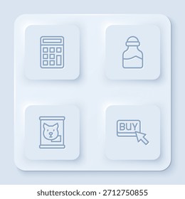 Establecer línea Calculadora, Especias en lata, Comida enlatada y Comprar Botón. Botón cuadrado blanco. Vector