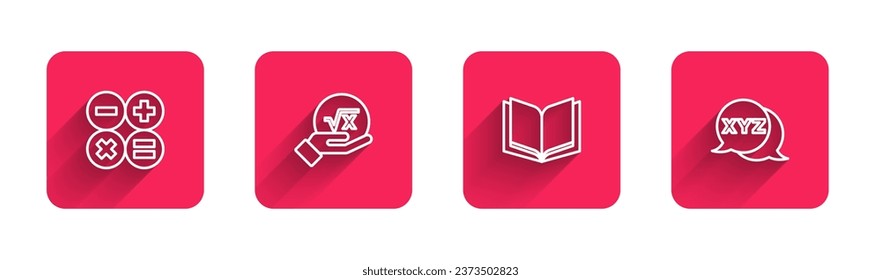 Set line Calculator, Square root of x glyph, Open book and XYZ Coordinate system with long shadow. Red square button. Vector