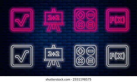 Set line Calculator, Square root, Open book and Equation solution. Glowing neon icon on brick wall. Vector