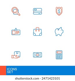 Set line Calculator, Stacks paper money cash, Delivery hand with box, Piggy bank, Identification badge, Paper shopping bag, Shield dollar and Credit card icon. Vector