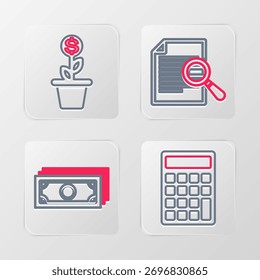 Set line Calculator, Stacks paper money cash, Document with search and Dollar plant in the pot icon. Vector