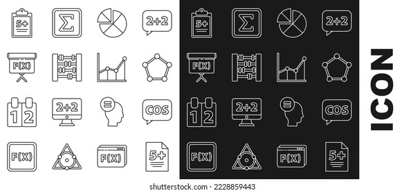 Set line Calculator, Tablet with calculator, Geometric figure Sphere, Abacus, Graph, schedule, chart, diagram, Cube, Mathematics function sine and Sigma symbol icon. Vector