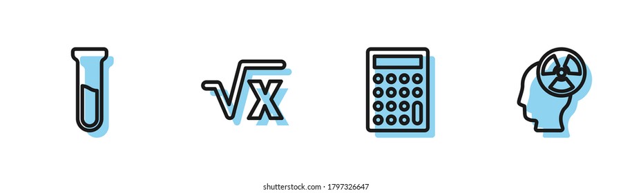 Set line Calculator, Test tube and flask, Square root of x glyph and Head radiation symbol icon. Vector