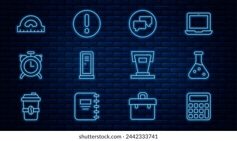 Set line Calculator, Test tube, Speech bubble chat, Locker changing room, Alarm clock, Protractor grid, Stage stand and Exclamation icon. Vector