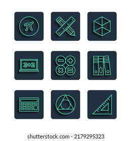Set-Line-Calculator, Dreieck-Mathematik, Dreiecksmesser, Geometrischer Bildwürfel, Schalttafel, Pi-Symbol und Office-Ordner-Symbol. Vektorgrafik