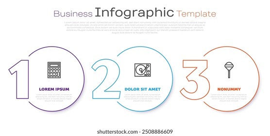 Set line Calculator, Vinyl player and Lollipop. Business infographic template. Vector