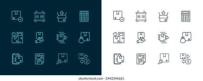 Set Linie Rechner, Frachtbrief, Karton Karton, Suchpaket, Lieferung mit Hand, Unboxing und Container-Symbol. Vektor