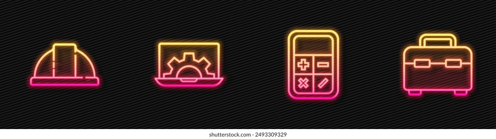 Set line Calculator, Worker safety helmet, Laptop and gear and Toolbox. Glowing neon icon. Vector
