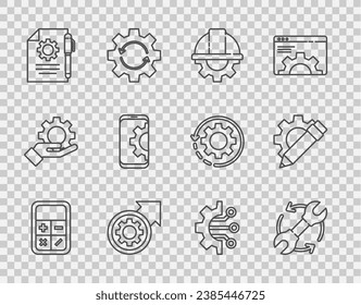 Set line Calculator, Wrench and arrows as workflow, Worker safety helmet gear, Gear process, Document settings pen, Setting on smartphone, Algorithm and Pencil icon. Vector