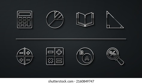 Set line Calculator, XYZ Coordinate system, Triangle math, Subsets, math, is subset of b, Pie chart infographic, Magnifying glass with percent and Open book icon. Vector