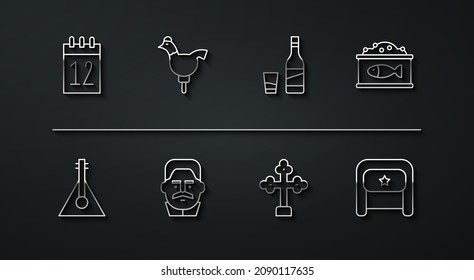 Fijar línea Calendario 12 de junio, Balalaika, lata de estaño con caviar, cruz cristiana, Joseph Stalin, chupete de cokerel, Ushanka y ícono de botella de vidrio de vodka. Vector