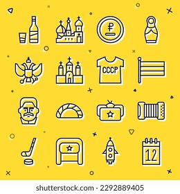 Set line Calendar 12 june, Accordion, National Russia flag, Rouble, ruble currency, Church building, emblem of, Bottle vodka with glass and USSR t-shirt icon. Vector