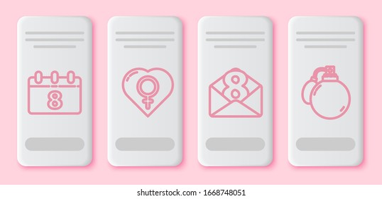 Set line Calendar with 8 March, Female gender in heart, Envelope with 8 March and Perfume. White rectangle button. Vector