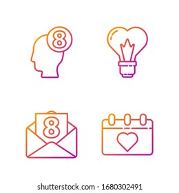 Set line Calendar with 8 March, Envelope with 8 March, 8 March in human head and Heart shape in a light bulb. Gradient color icons. Vector