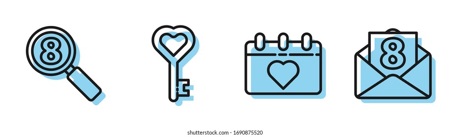 Set line Calendar with 8 March, Search 8 March, Key in heart shape and Envelope with 8 March icon. Vector
