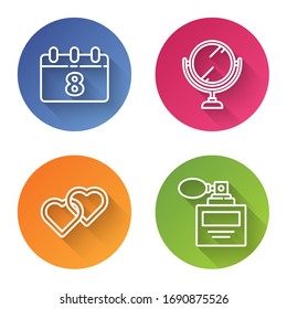 Set line Calendar with 8 March, Round makeup mirror, Two Linked Hearts and Perfume. Color circle button. Vector