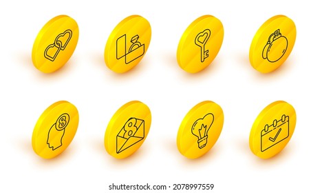 Set line Calendar with 8 March, Heart shape in light bulb, Envelope, human head, Perfume, Key heart, Diamond engagement ring and Two Linked Hearts icon. Vector