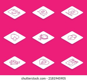 Fijar la línea Calendario con el 8 de marzo, en burbuja de habla, clic de corazón y cursor, Espejo de maquillaje redondo, Castillo la forma del corazón, Icono de género Diamante y Femenino. Vector
