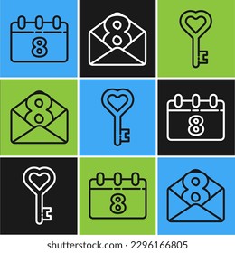 Fijar la línea Calendario con 8 de marzo, Clave en forma de corazón y Sobre con el icono 8 de marzo. Vector