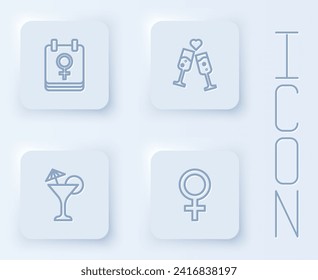 Fijar el calendario con el 8 de marzo, Vidrio de champán, Vidrio Martini y símbolo de género femenino. Botón cuadrado blanco. Vector