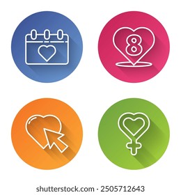 Set line Calendar with 8 March, Heart with 8 March, Heart and cursor click and Female gender symbol. Color circle button. Vector