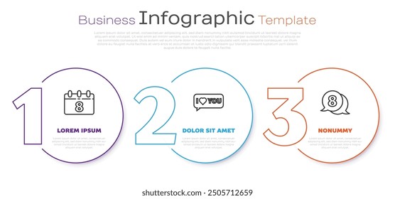 Set line Calendar with 8 March, Speech bubble with I love you and 8 March in speech bubble. Business infographic template. Vector