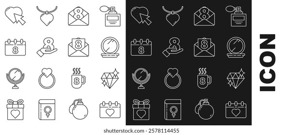 Set line Calendar with 8 March, Diamond, Makeup powder mirror, Envelope, hand, Heart cursor click and  icon. Vector
