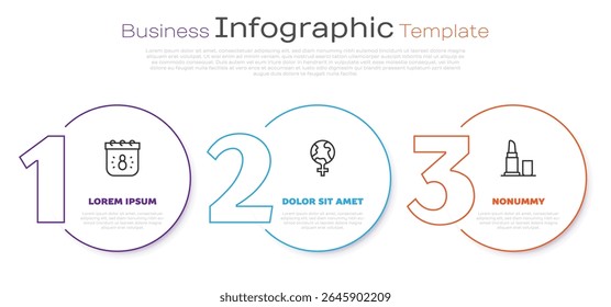 Set line Calendar with 8 March, Feminism in the world and Lipstick. Business infographic template. Vector