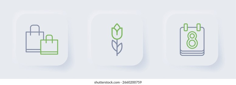 Set Linie Kalender mit 8 März, Blume Tulpe und Papier Einkaufstasche Symbol. Vektorgrafik
