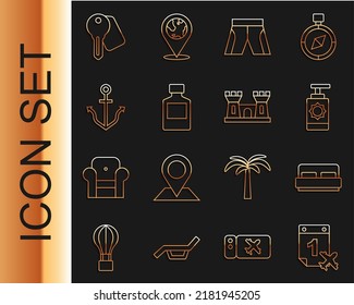 Set line Calendar and airplane, Hotel room bed, Sunscreen spray bottle, Short or pants, Whiskey, Anchor, door lock and Sand castle icon. Vector
