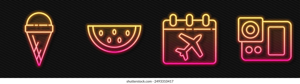 Calendario y avión, Helado en cono de gofre, Sandía y Cámara de fotos. Icono de neón brillante. Vector