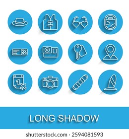 Set line Calendar and airplane, Photo camera, Man hat with ribbon, Snowboard, Surfboard, Action, Location and Hotel door lock key icon. Vector