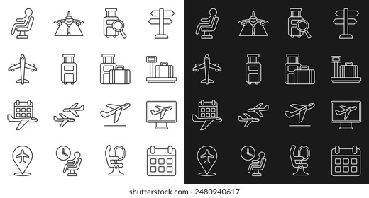 Set line Calendar and airplane, Plane, Scale with suitcase, Lost baggage, Suitcase, Human waiting in airport terminal and  icon. Vector
