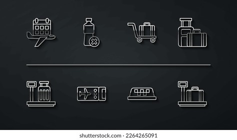 Set line Calendar and airplane, Scale with suitcase, Suitcase, Taxi car roof, Airline ticket, No water bottle,  and Trolley baggage icon. Vector