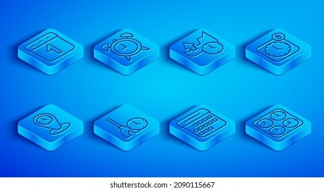 Set-Line-Kalender, Wecker, Stocks Markt-Wachstumsprofile, Reinigungszeit, mobile App, Zeitzonenuhren und Icon. Vektorgrafik