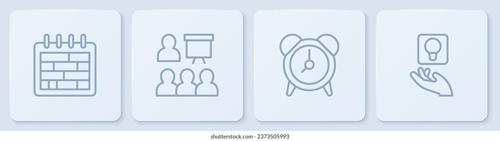 Zeilenkalender, Wecker, Training, Präsentation und Glühbirne. Weißer Quadrat-Knopf. Vektorgrafik