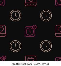 Set line Calendar autumn, Clock and Alarm clock app mobile on seamless pattern. Vector