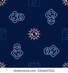 Set line Calendar with autumn leaves, Electrical outlet and Solar energy panel on seamless pattern. Vector