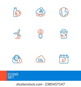 Set line Calendar with autumn leaves, CO2 emissions in cloud, Water mill, Recycle bin, Wind turbine, Light bulb leaf, Earth globe and Acid rain radioactive icon. Vector