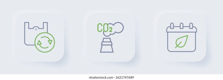 Set line Calendar with autumn leaves, CO2 emissions in cloud and Shopping bag recycle icon. Vector