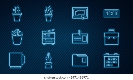 Set line Calendar, Aktentasche, Zertifikat-Vorlage, Drucker, voller Mülleimer, Kaktus und Sukkulenten Topf, Identifikation-Abzeichen und Plant-Symbol. Vektorgrafik