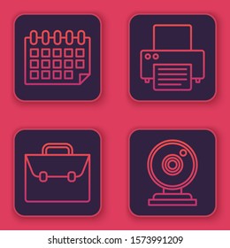 Set line Calendar, Briefcase, Printer and Web camera. Blue square button. Vector