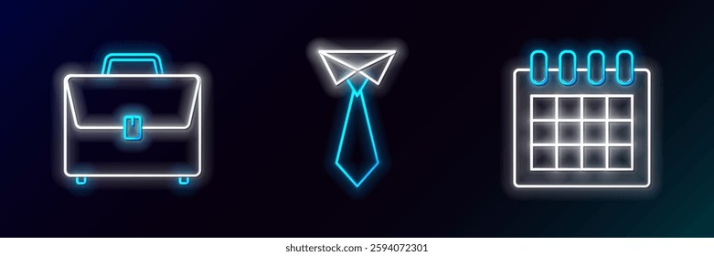 Set line Calendar, Briefcase and Tie icon. Glowing neon. Vector