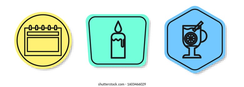 Set line Calendar, Burning candle in candlestick and Mulled wine with glass of drink. Colored shapes. Vector