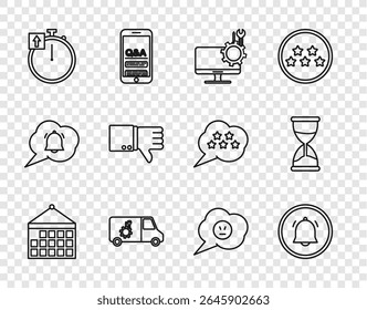 Set line Calendar, Button chat notification, Computer monitor service, Car, Stopwatch, Dislike, Speech bubble with angry smile and Hourglass icon. Vector