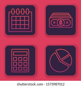 Set line Calendar, Calculator, Stacks paper money cash and Pie chart infographic. Blue square button. Vector
