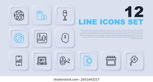 Set line Calendário, Casino slot machine com trevo, Aumento do crescimento financeiro, Apostas esportivas online, fichas, dólar e ícone. Vetor