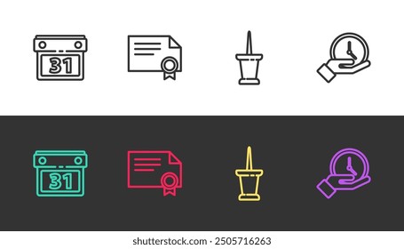Set line Calendar, Certificate template, Push pin and Clock on black and white. Vector